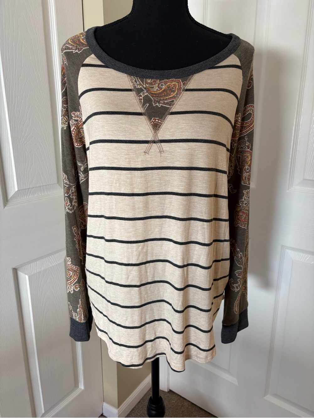 7th Ray Cream and Olive Paisley Raglan Stripe Long Sleeve Top